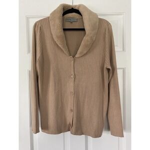 Absolutely‎ Famous Women's SZ XL Cardigan Faux Fur Ribbed Button Tan Long Sleeve